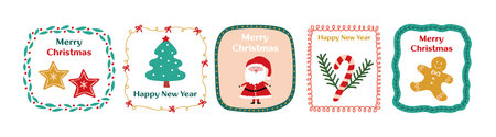 Set of Christmas and New Year clip art with various holiday elements, cute illustrations for holiday design and decor. Vector.のイラスト素材