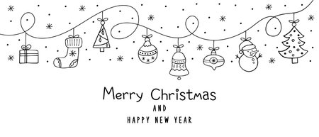Merry Christmas and Happy New Year. Black and white greeting card in doodle style with holiday decorations and falling snowflakes. Vector.のイラスト素材