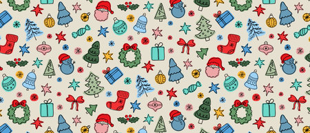 Colorful Christmas pattern with hand drawn winter holiday elements. Festive, joyful background, New Year decoration for textiles, wrappers. Vector.のイラスト素材