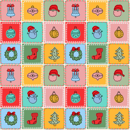 Colorful Christmas festive scrapbooking pattern with Santa, snowman, bell, fir tree, ornament, stocking and wreath. Vector.のイラスト素材