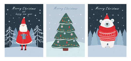 Christmas hand drawn cards with Santa Claus, decorated Christmas tree and polar bear in sweater. Minimalistic design for winter greetings. Vector.のイラスト素材