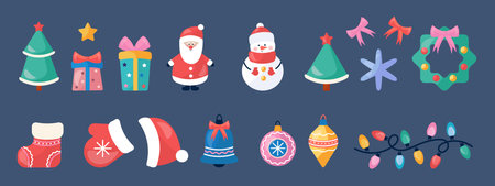 Colorful Christmas collection with Santa Claus, snowman, Christmas tree, gift, Christmas tree balls and other festive elements for winter holiday. Vector.のイラスト素材