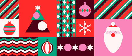 A modern geometric Christmas background with festive elements, including Santa Claus, ornaments, a Christmas tree, and snowflakes. Vector.のイラスト素材