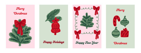 A set of holiday cards for the winter holidays. Merry Christmas, Happy Holidays, Happy New Year. Greeting card with winter holiday decor. Vector.のイラスト素材