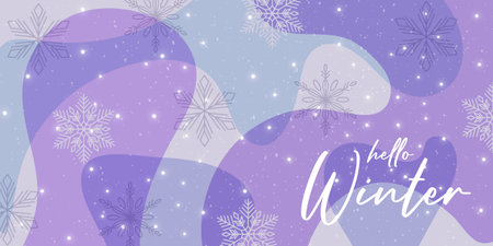 Winter violet and blue abstract background with snowflakes and falling snow. Banner design concept for a seasonal greeting card. Vector.のイラスト素材