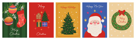 A set of five festive hand-drawn greeting cards featuring Christmas decorations, Santa Claus, and festive elements for the winter holidays and New Year. Vector.のイラスト素材