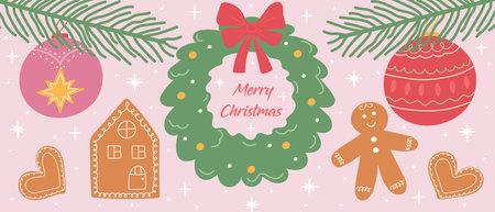 A cute Christmas banner with a wreath, gingerbread cookies, and ornaments. A festive flat illustration for a winter greeting card or party invitation. Vector.のイラスト素材