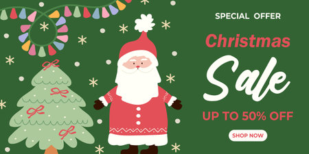 Christmas banner with Santa Claus and a decorated tree. Holiday advertising for the festive season. Special offer on a green background. Vector.のイラスト素材