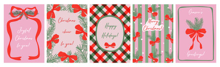 A set of hand-drawn vertical Christmas and holiday cards with red bows, fir branches, and festive patterns for seasonal greetings. Vector.のイラスト素材