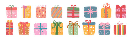 A set of colorful gift boxes with bows and ribbons. Gift designs for birthdays, Christmas, and New Years' holidays. Vector.のイラスト素材