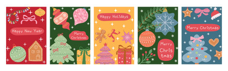 A set of holiday cards for Christmas and New Year. This greeting collection features ornaments, gingerbread cookies, and a gift box, perfect for the winter season. Vector.のイラスト素材