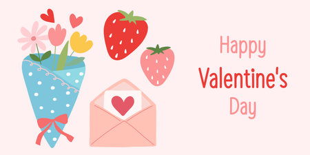Valentine's Day banner template with hand-drawn flowers, an envelope, and strawberries. Festive illustration for greeting card or poster design. Vector.のイラスト素材