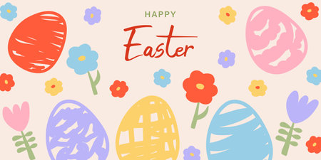 Happy Easter banner with colorful decorated eggs and flowers. A banner for the spring holiday. A...