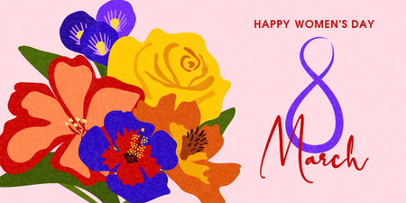 Banner or card with bright flowers for the March 8th holiday. Vector.