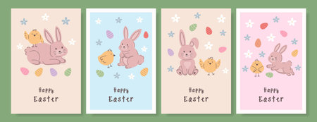 Cute Easter cards with bunnies, chicks, decorated eggs, and hand-drawn flowers. Designed for a spring holiday card or banner. Vector.のイラスト素材
