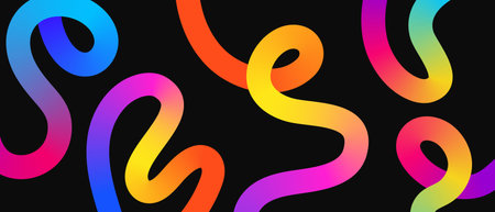 Abstract colorful gradient 3D ribbons on a dark background. Graphic element for a modern art-style banner or creative presentation slide. Vector.のイラスト素材