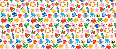 Colorful summer background with tropical fruits and sea creatures. Creative marine backdrop for...