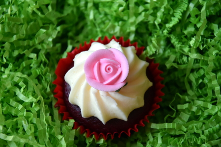 Muffins decorated with rose flower on green background. Spring, Mother's Day, Valentine's Day concept. Homemade cupcake with whipped cream and pink rose spring flower on green grass background.の写真素材