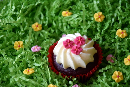 Muffins decorated with pink flowers on green background. Spring, Mother's Day, Valentine's Day concept. Homemade cupcake with whipped cream and pink flower on spring green grass background.の写真素材