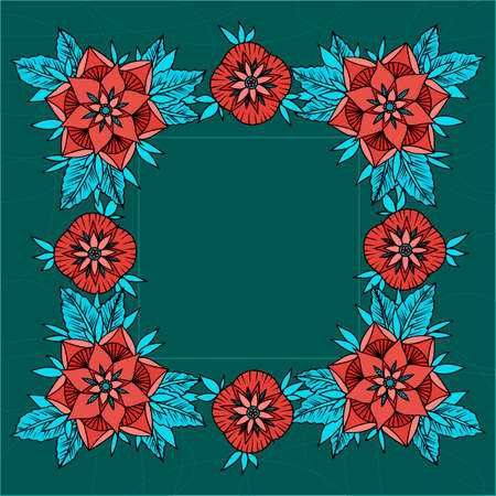 card with square frame and flowers. Green backgroundのイラスト素材