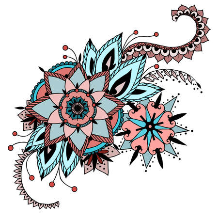 Hand drawn artwork with abstract flowers. Background for web, printed media design. Mehendi henna tattoo doodle style.のイラスト素材