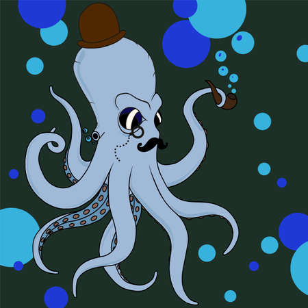 vector retro octopus in hat, monocle and tube in blue colorのイラスト素材