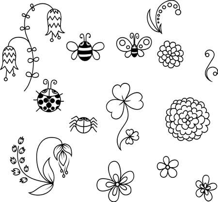 Set of cute flowers and insects in vector illustration.のイラスト素材