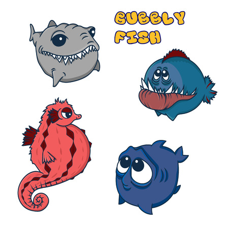 funny round fish. vector illustration. sea horse, shark, toothy fish and cute big-eyed fishのイラスト素材