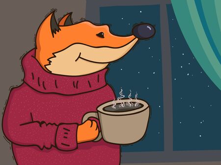 fox in a sweater looking out the window with a cup in his handのイラスト素材