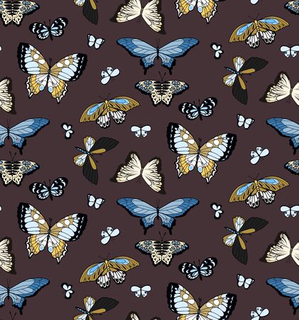 Butterfly seamless pattern. Flying insects background, cute butterflies silhouette iconsのイラスト素材