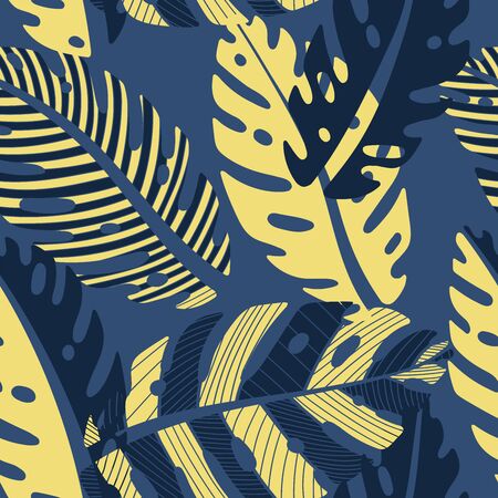 Monstera leaf pattern in blue color in vectorのイラスト素材