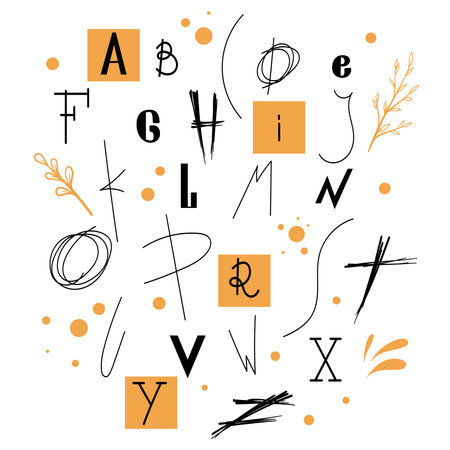 Vector illustration with hand drawn alphabet. Letters written with a brush on white background. The letters in different stylesのイラスト素材