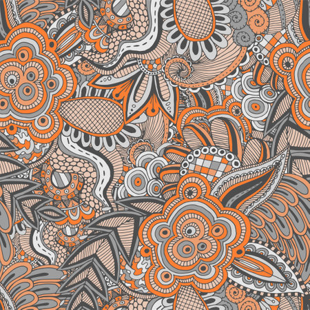 Floral background with indian ornament in orange and gray colors. Seamless pattern for your design wallpapers, pattern fills, web page backgrounds, surface texturesのイラスト素材