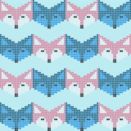 Abstract seamless retro pattern of fox and wolf in line in light blue color background. Knitting. The pattern imitates knitting.のイラスト素材