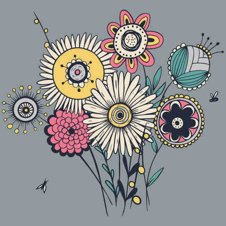 Spring wild flower bouquet, big bunch of various spring flowers with branches, different field flowers collected in rustic bouquet, cute cartoon vector art, garden blossomのイラスト素材