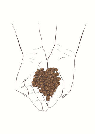 Endless love for coffee Illustrations show heart made of coffee beans, hands holding coffee beans, different cup with coffee, different coffee pots, coffee brewing pots.の写真素材