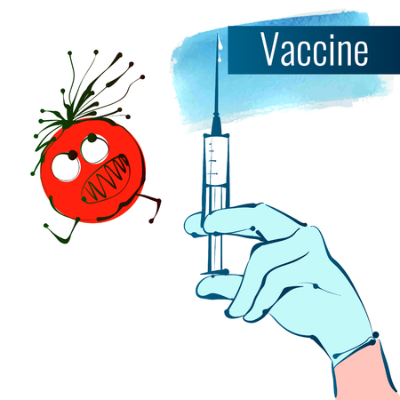 The doctor's hand holds the syringe with the vaccine. The virus escapes. Funny vector illustrationのイラスト素材