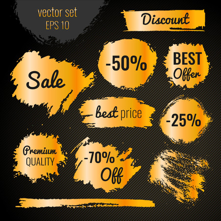 Goldn blots, stains to label, discount, best price. Vector set illustration in grunge styleのイラスト素材