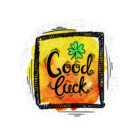 Good luck. Hand drawn letters and designs on watercolor background. Vector illustrationのイラスト素材