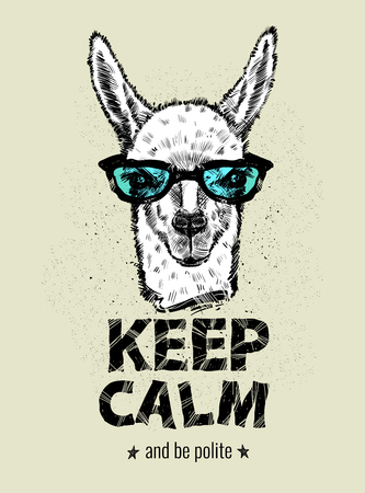 Drawing the head Lama with glasses, guanaco and letters. Keep calm and be polite, vector illustrationのイラスト素材