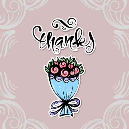 Hand drawn letters, thank you and a bouquet of flowers, swirls and doodles, ideal for design of cards or invitations.のイラスト素材