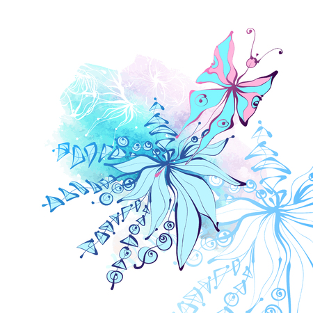 Butterfly and flowers on watercolor background. Beautiful elegant vector illustration. Perfect for cards or invitations.のイラスト素材