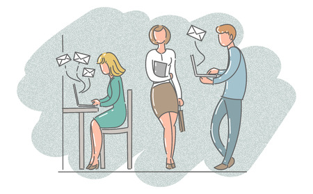 Men and women in the office work with laptops. Vector illustration in cartoon style, flat.のイラスト素材