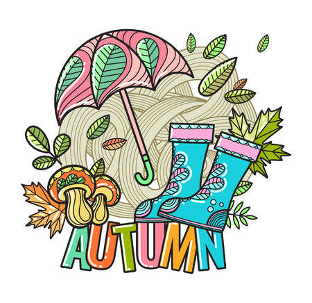 Beautiful vector autumn composition of hand-drawn objects in the style of Doodleのイラスト素材