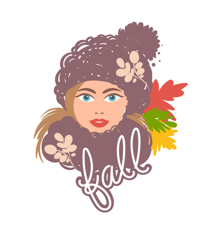 Bright autumn girl in a hat and a scarf with leaves. Beautiful picture for design design.のイラスト素材