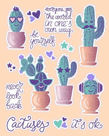 Funny cactuses in pots with lettering motivation. Fun stickers patches for your projectのイラスト素材