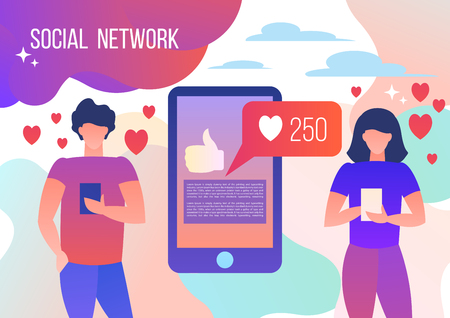 Man and woman using smartphones watching social networks, hearts. Vector illustration in flat style.のイラスト素材