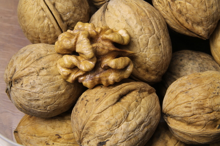 Close-up of walnuts. Natural food background. Minimalの写真素材