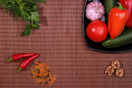 Vegetables, nuts and spice on the tableの写真素材