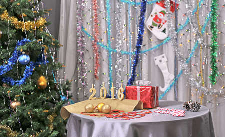 Christmas, new year card 2016 with present, fir and decorationsの写真素材
